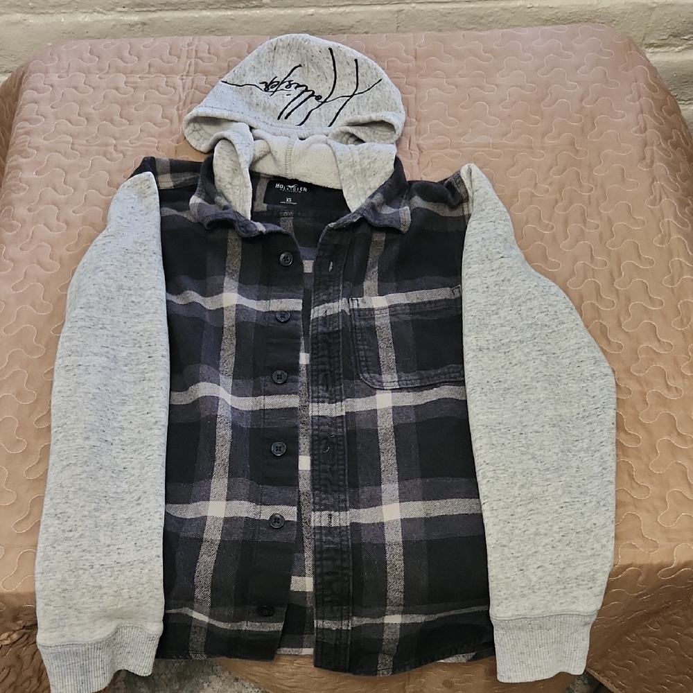 Hollister Black & Gray Plaid Hooded Jacket